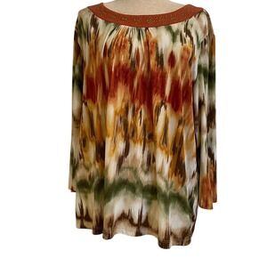 Alfred Dunner Tunic Top with Studded Neckline‎ Long Sleeve Earth Tones SZ L